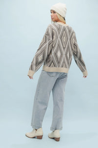 Women's Casual Diamond Jacquard Sweater in Taupe Blue