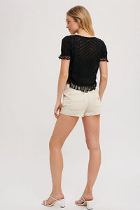 Women's S/S Ruffle Hem Crochet Knit Fashion Top in Black