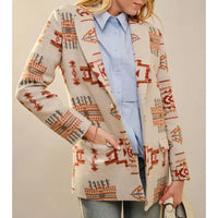 Women's Aztec Pattern Jewel Button Blazer in Taupe