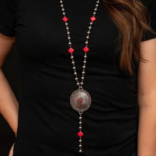 West & Co. Silver Beaded Concho Lariat Necklace With Red Stone Diamond Accents