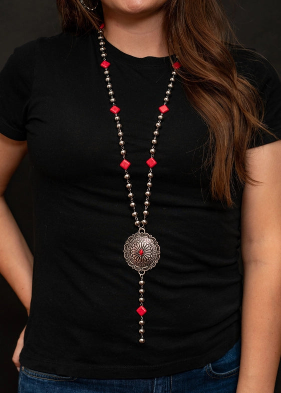 West & Co. Silver Beaded Concho Lariat Necklace With Red Stone Diamond Accents