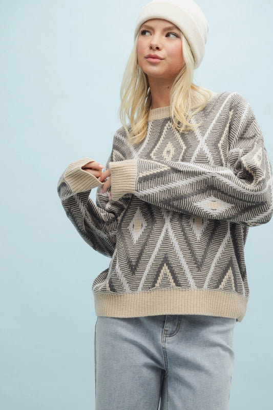 Women's Casual Diamond Jacquard Sweater in Taupe Blue