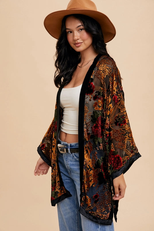 Women's Floral Velvet Burnout Kimono in Black