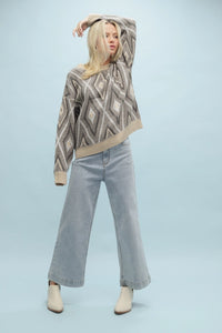 Women's Casual Diamond Jacquard Sweater in Taupe Blue