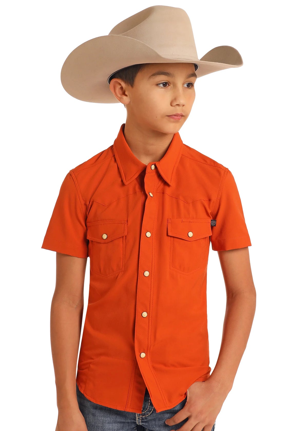 Rock & Roll Denim Boy's S/S TEK Western Pearl Snap Shirt in Burnt Orange