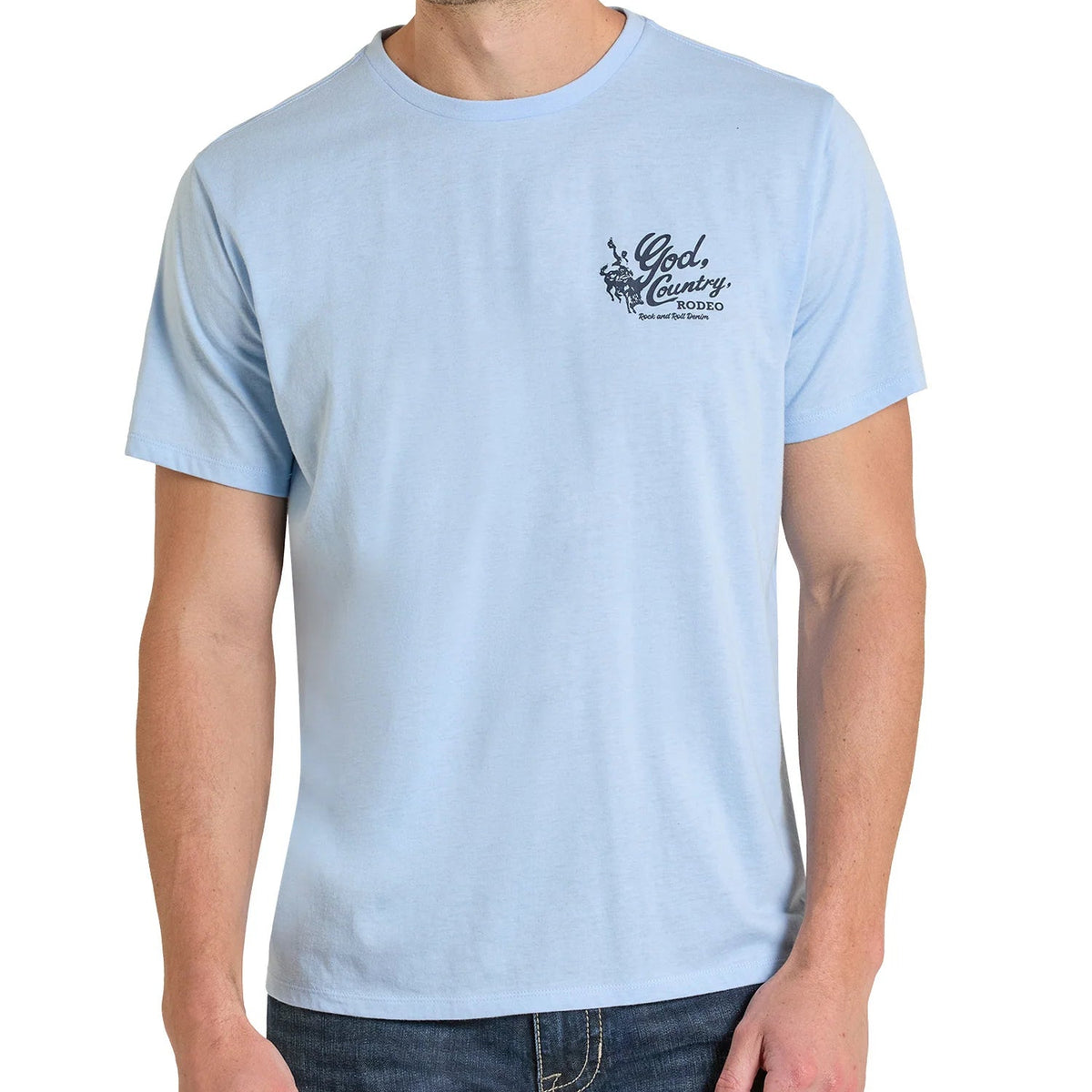 Rock & Roll Denim Unisex God, Country, Rodeo Graphic T-Shirt in Baby Blue