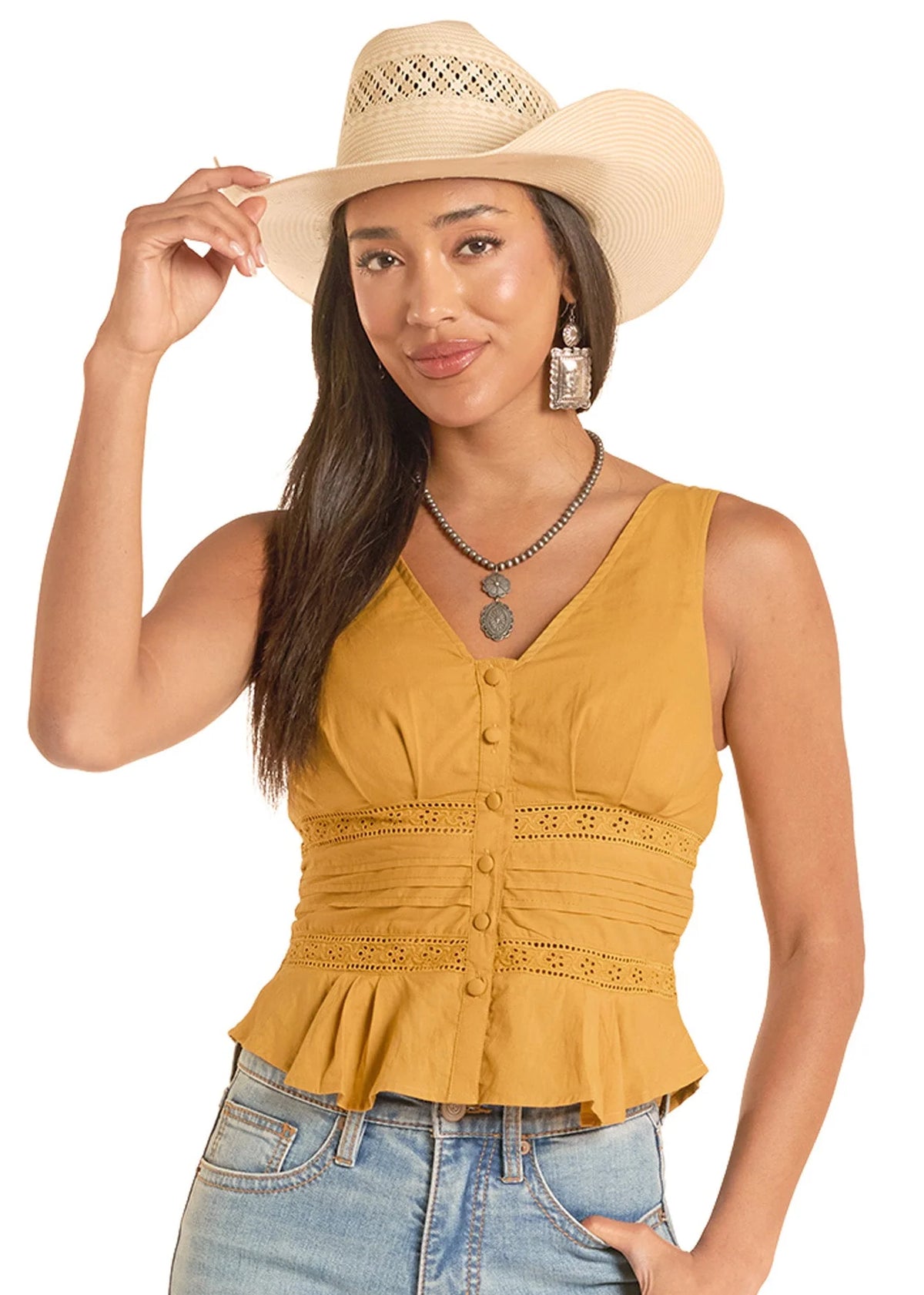 Women's Rock & Roll Denim Eyelet Inset Tank Top in Gold