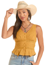 Women's Rock & Roll Denim Eyelet Inset Tank Top in Gold
