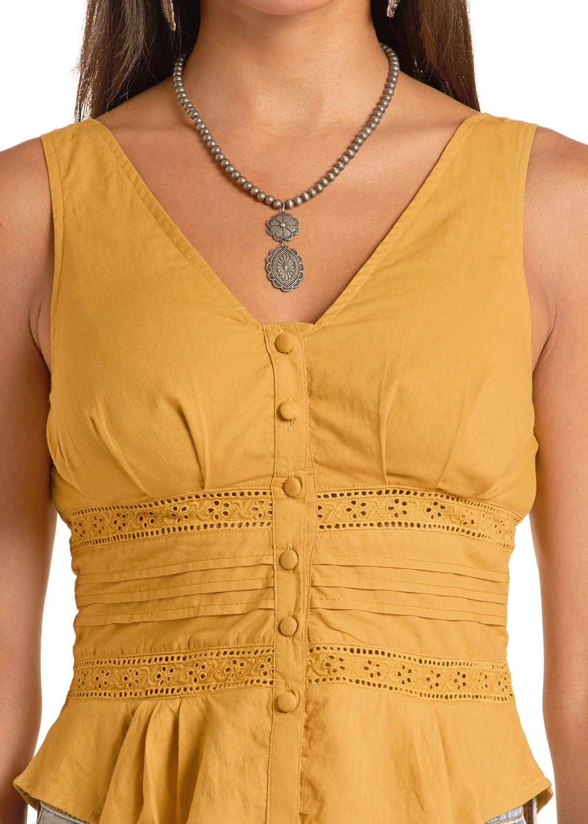 Women's Rock & Roll Denim Eyelet Inset Tank Top in Gold
