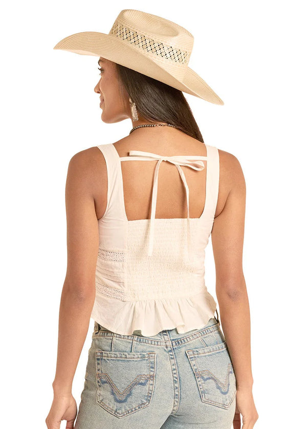 Women's Rock & Roll Denim Eyelet Inset Tank Top in Natural
