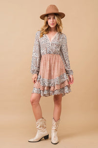 Women's L/S Multi-Print Mini Dress in Off White & Dusty Rose