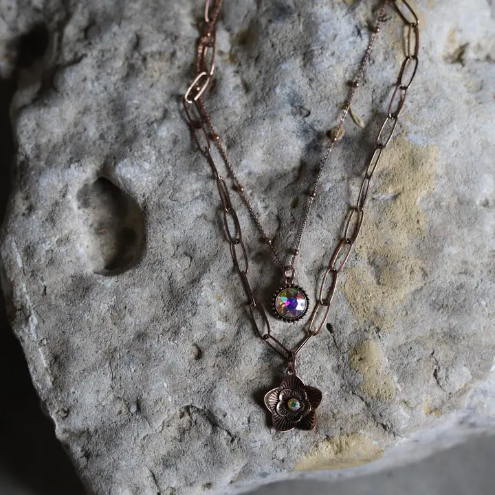 Two Strand Iridescent Crystal Copper Charm Necklace