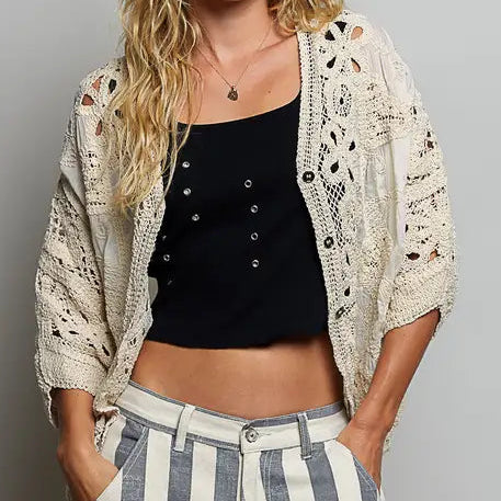 Women's Batwing Sleeve Crochet Top in Natural