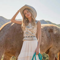 Women's Western Buckle Strap Embroidered Denim Top in Sand