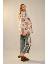 Women's Aztec Pattern Jewel Button Blazer in Taupe