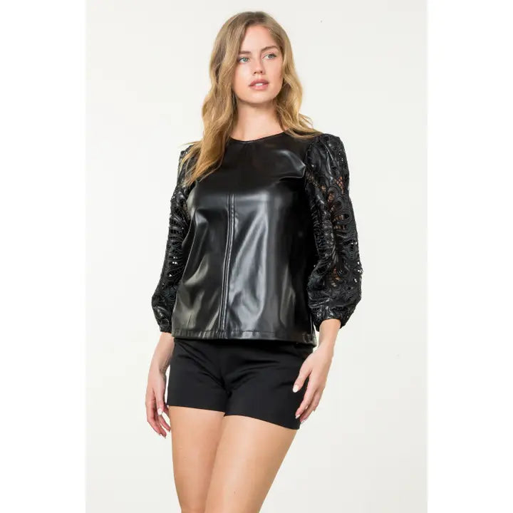 Women's L/S Pleather Eyelet Sleeve Top in Black