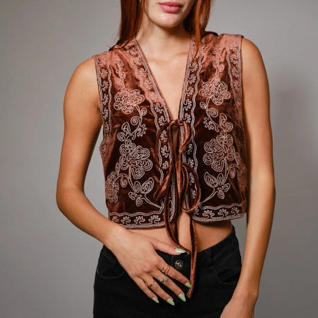 Women's Sleeveless Embroidered Velvet Cropped Vest in Brown