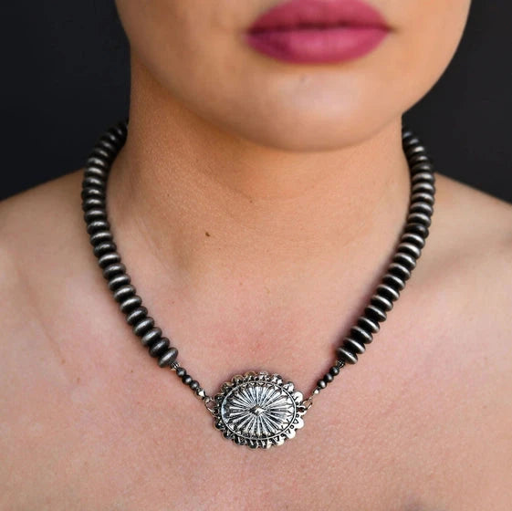 West & Co. Silver Navajo Inspired Pearl Disc Concho Necklace