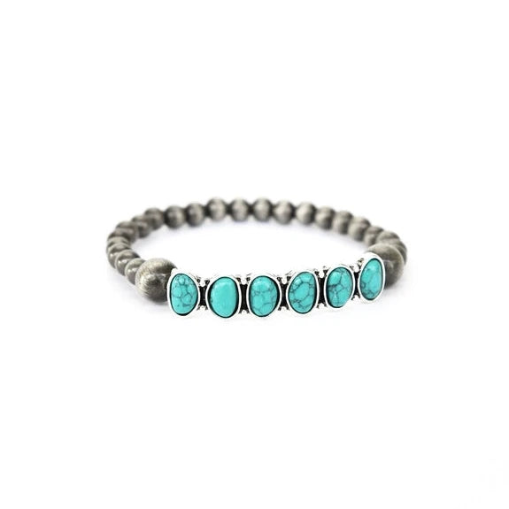 West & Co. Silver Navajo Inspired Pearl & Turquoise Stone Bar Stretch Bracelet