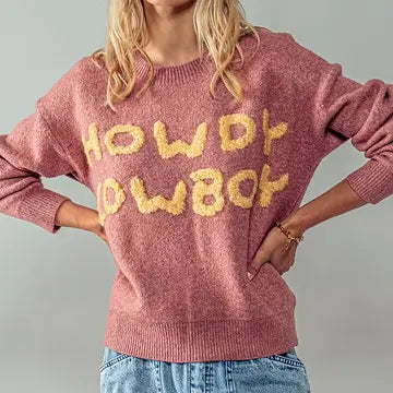 Women's "Howdy Cowboy" Wordy Knit Sweater in Pink