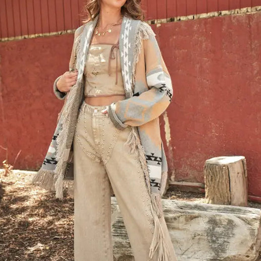 Women's Western Pattern Fringe Detail Belted Cardigan in Taupe