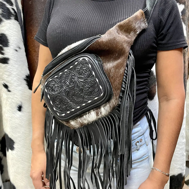 Cowhide And Black Tooled Leather Sling Bag