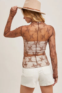 Women's L/S Sheer Floral Lace Mesh Top (Available in Mauve or Hazelnut)