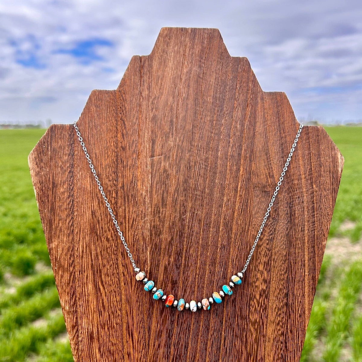 Thunder & Stone Genuine Spiny Oyster, Kingman Turquoise, & Silver Pearl Western Bar Necklace