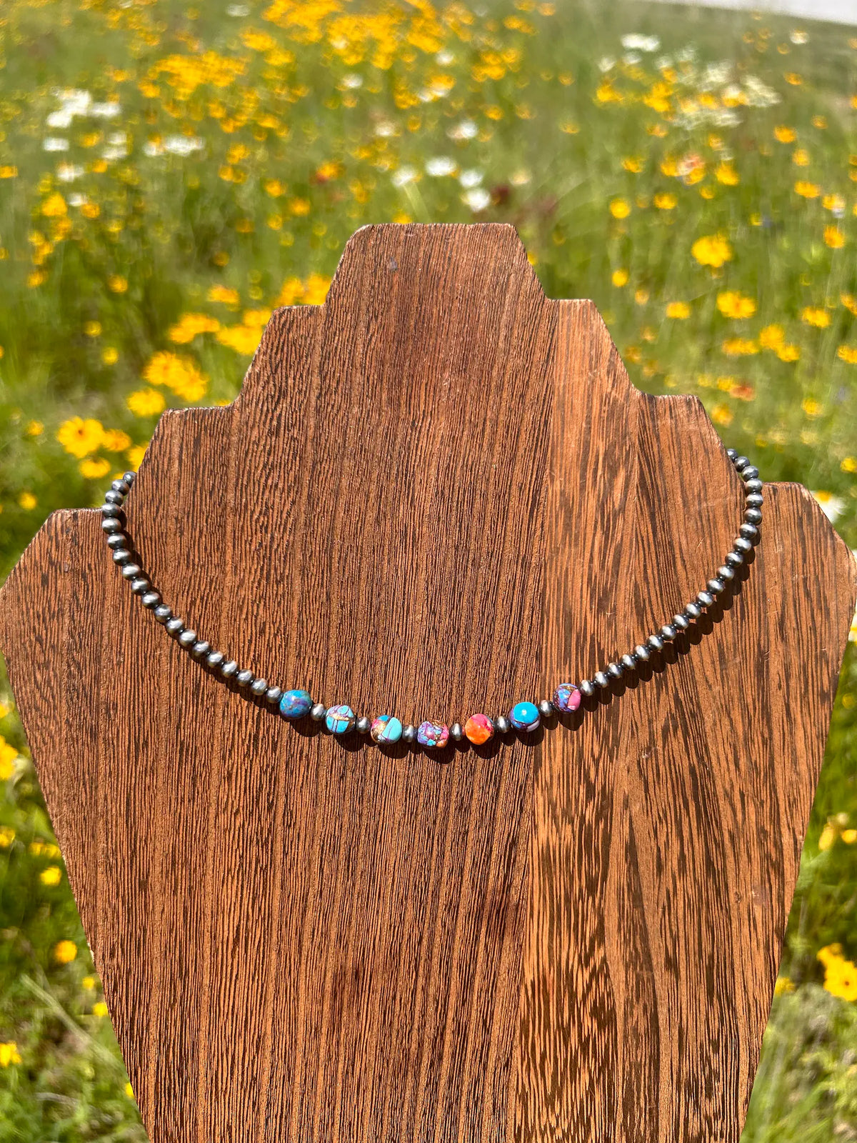 Thunder & Stone 14" Pink Dahlia, Kingman Turquoise, & Navajo Style Pearl Choker