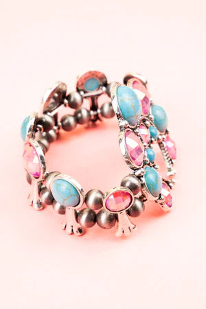 Western Madison Heights Turquoise and Pink Silver Tone Stretch Bracelet