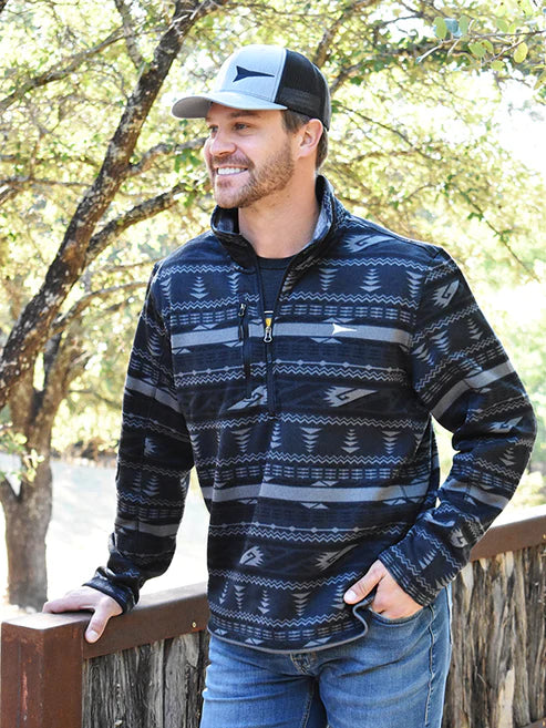 Fast Back Men's Black Quarter Zip Sweater Knit Pullover in Grey Aztec