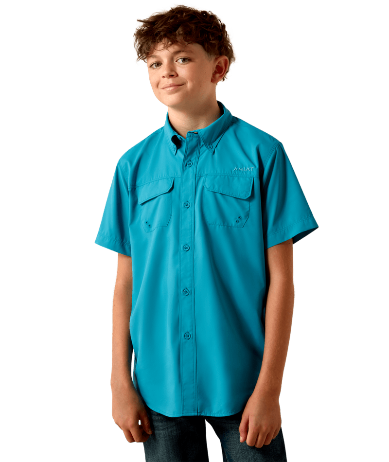 Ariat Boy's S/S VentTEK Outbound Classic Fit Button Down Shirt in Blue Moon Turquoise
