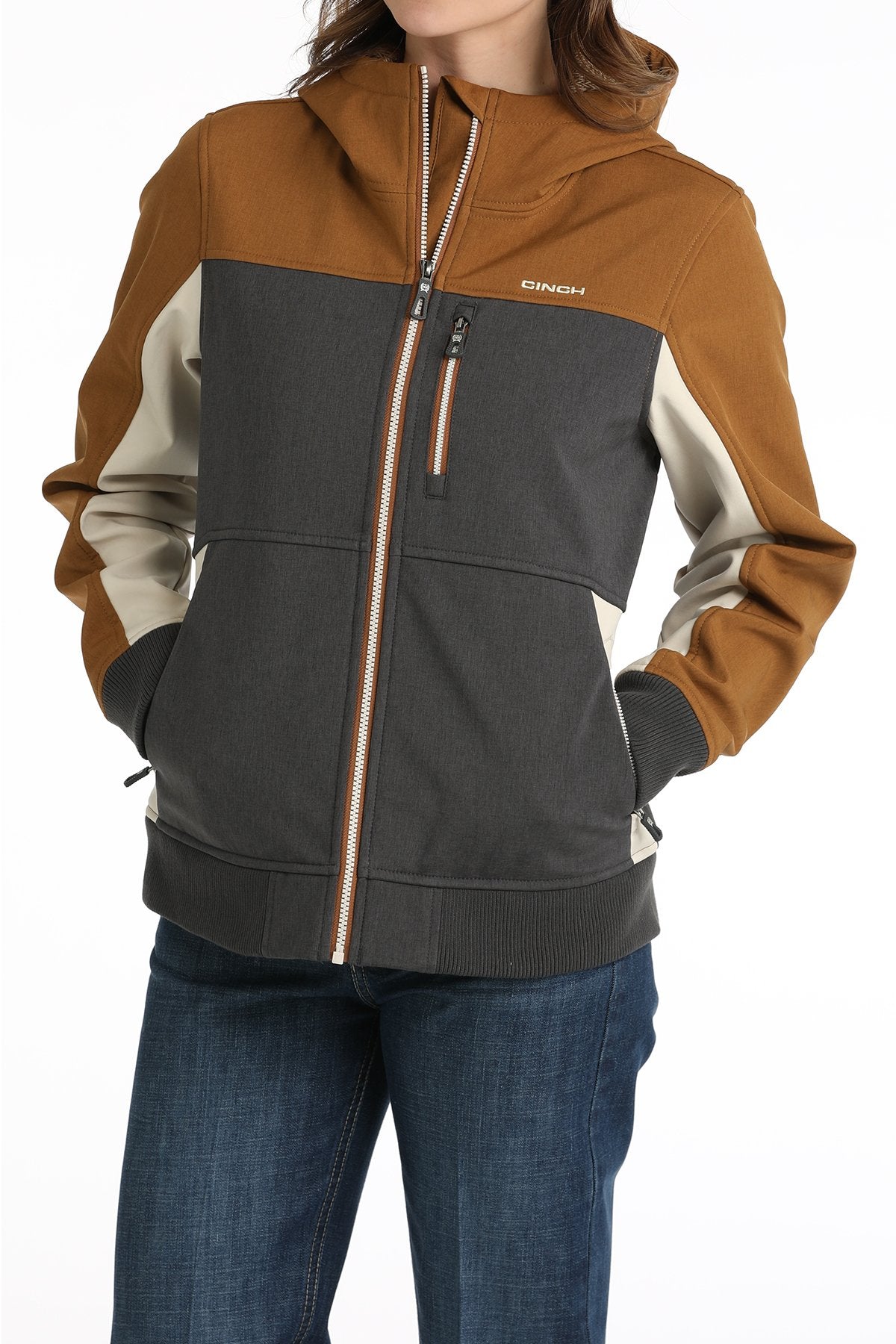 Cinch Women's Color Block Bonded Hoodie in Gold/Charcoal/Cream