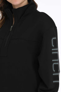 Cinch Women's Logo Sleeve 1/4 Zip Pullover Sweatshirt in Black