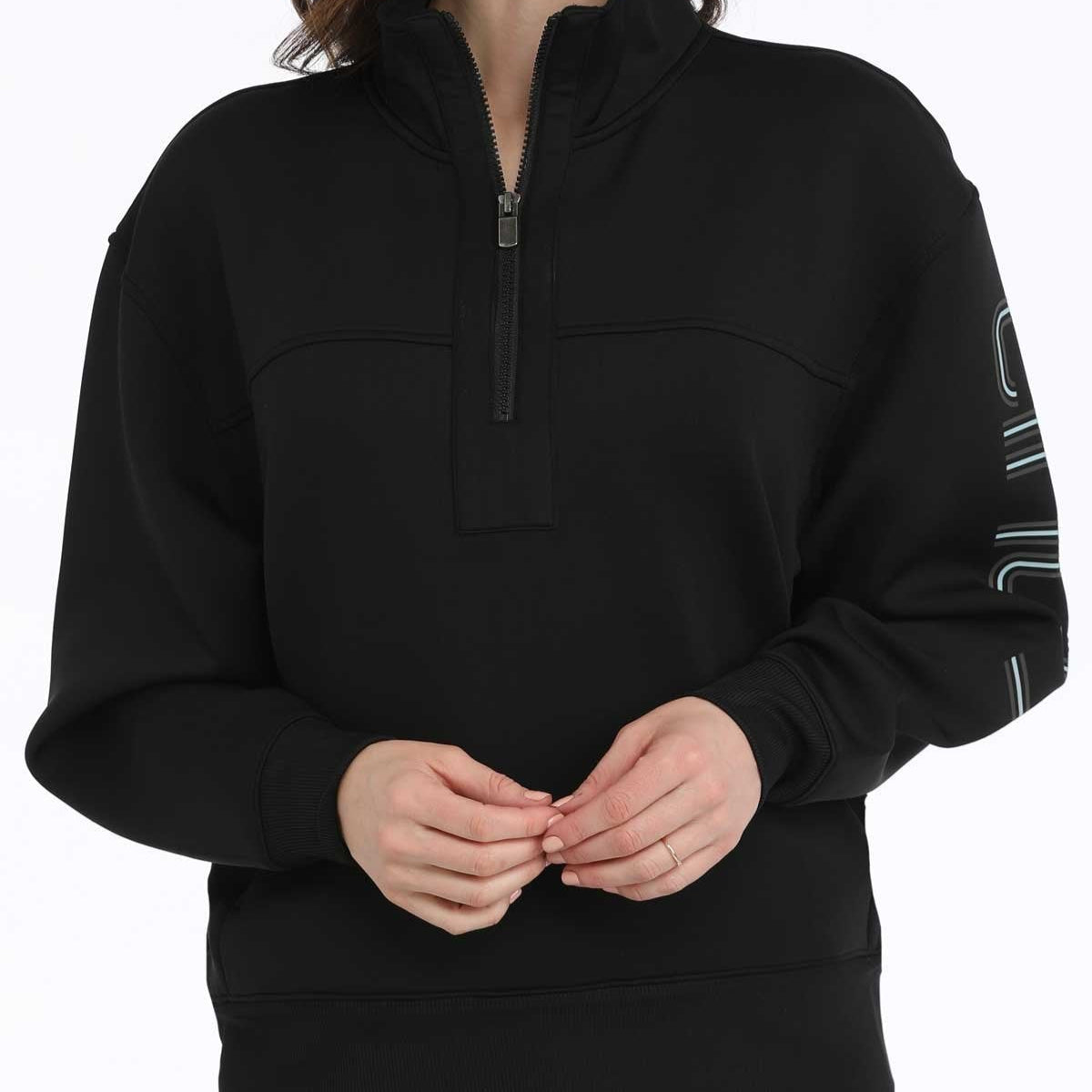 Cinch Women's Logo Sleeve 1/4 Zip Pullover Sweatshirt in Black