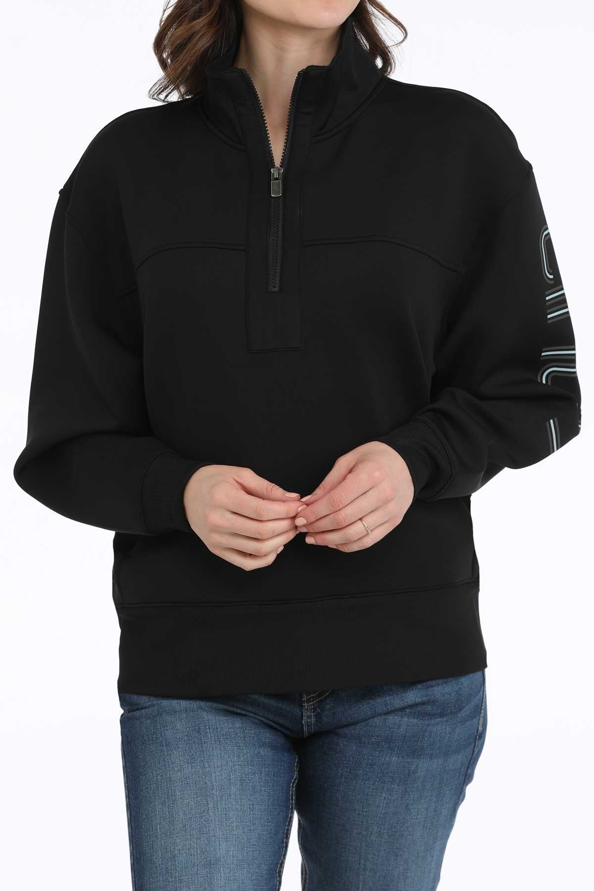 Cinch Women's Logo Sleeve 1/4 Zip Pullover Sweatshirt in Black