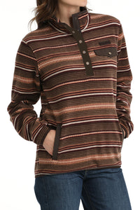 Cinch Women's Southwest Stripes Quarter Snap Fleece Pullover in Brown & Coral