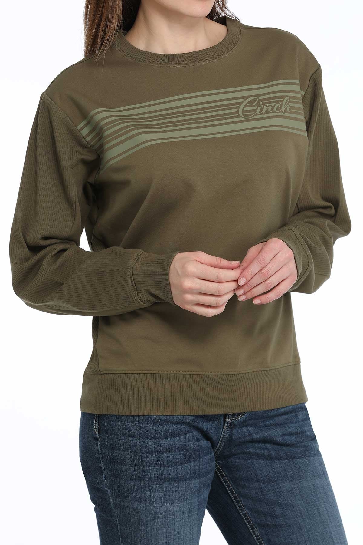 Cinch Women's Logo French Terry Pullover Sweatshirt in Olive