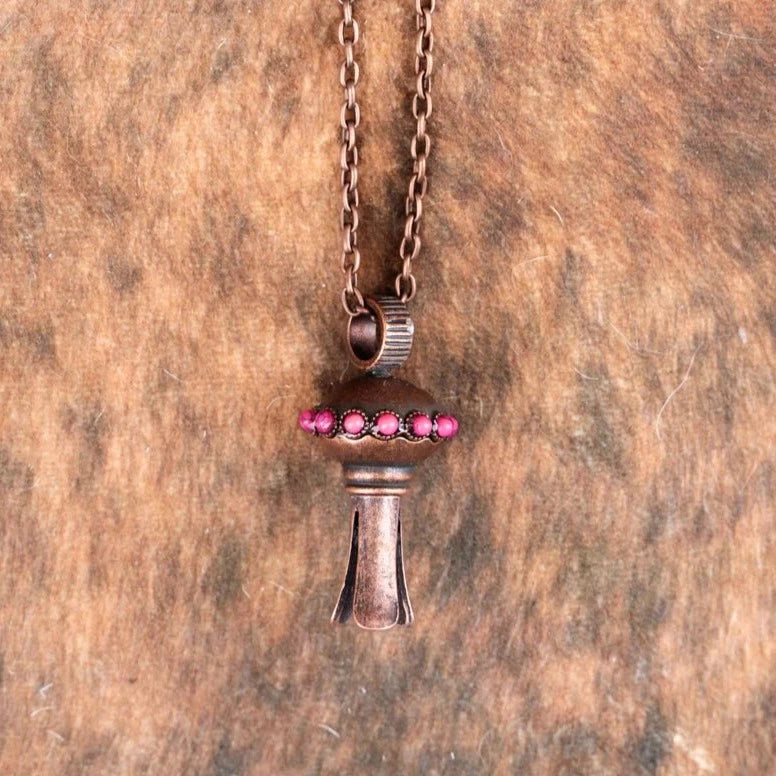 Western Pink Turquoise Worn Copper Tone Squash Blossom Pendant Necklace