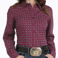 Cinch Women's L/S Medallion Western Button Down Shirt in Burgundy