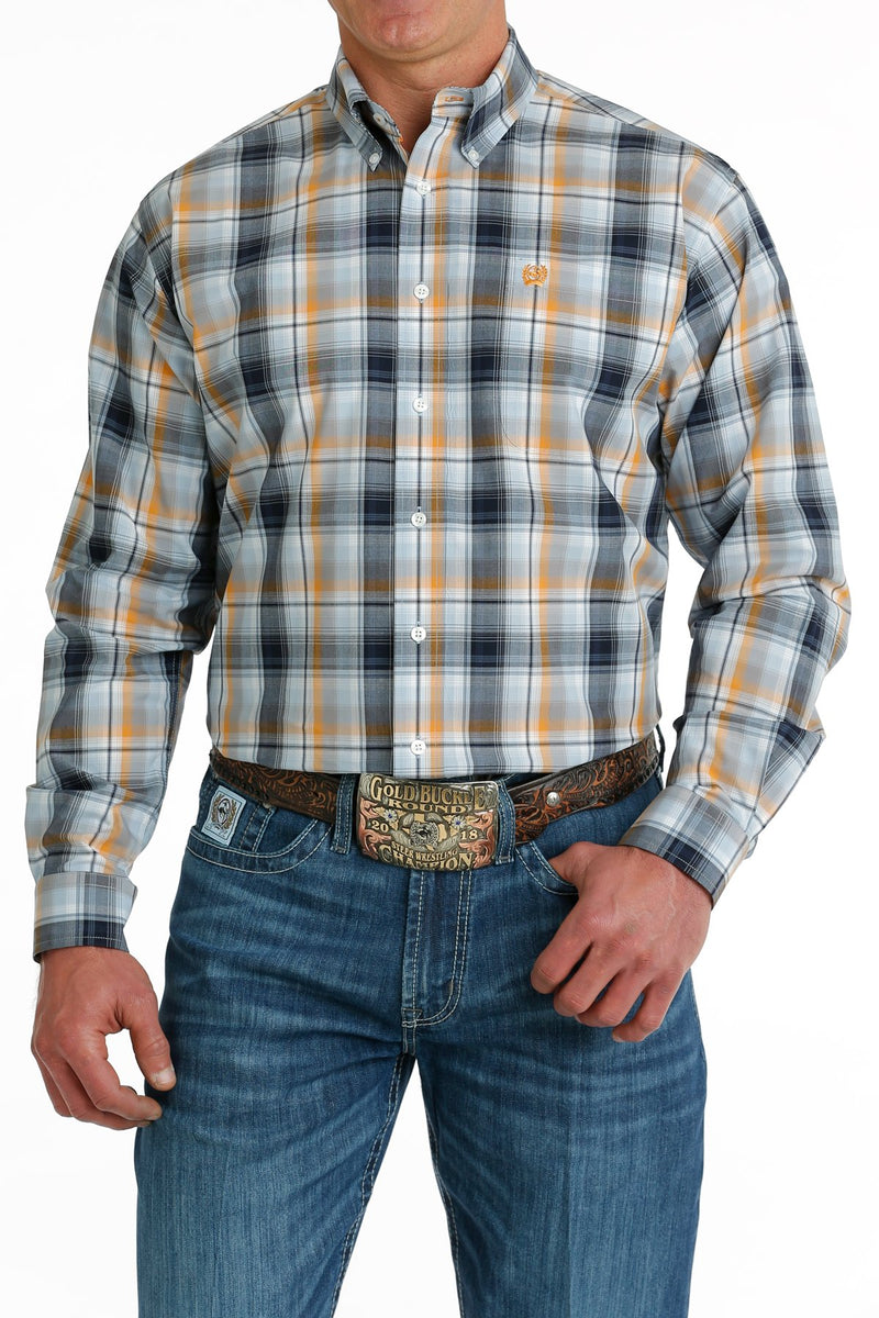 Cinch Men's L/S Classic Fit Plaid Button Down Western Shirt in Light Blue