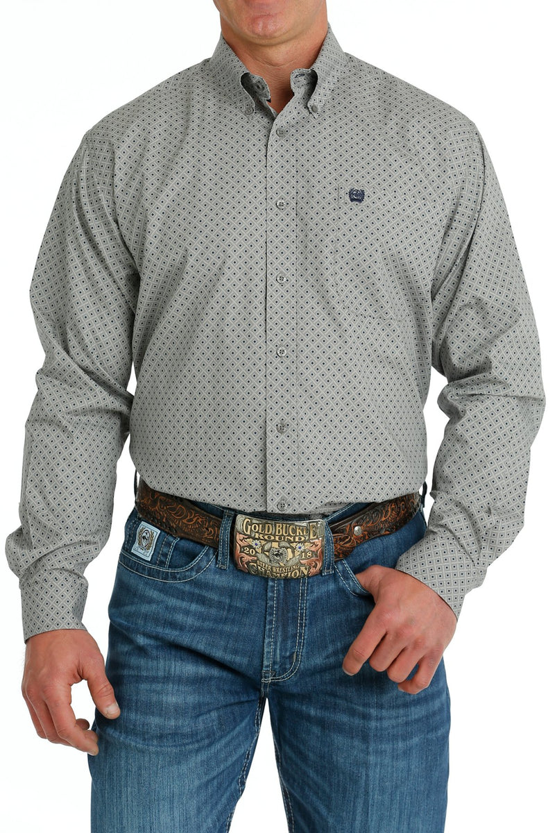 Cinch Men's Long Sleeve Classic Fit Gray Geometric Print Button Down Western Shirt