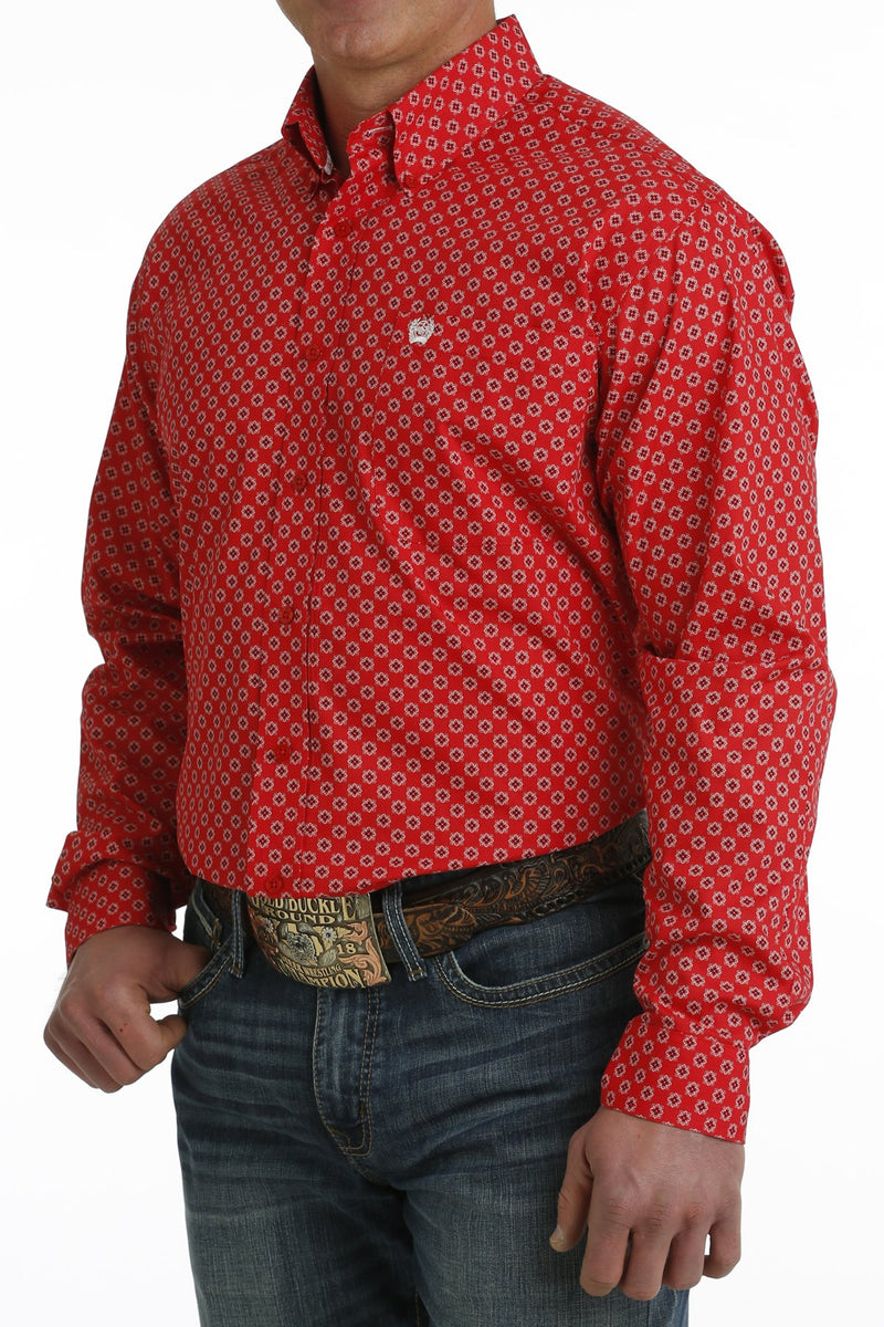 Cinch Men's L/S Classic Fit Medallion Western Button Down Shirt in Red