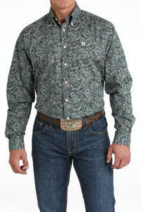 Cinch Men's L/S Classic Fit Paisley Western Button Down Shirt in Green