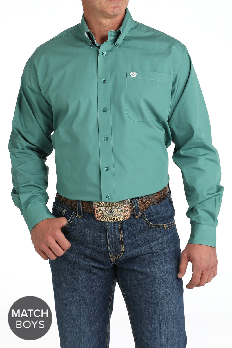 Cinch Men's L/S Classic Fit Solid Western Button Down Shirt in Green