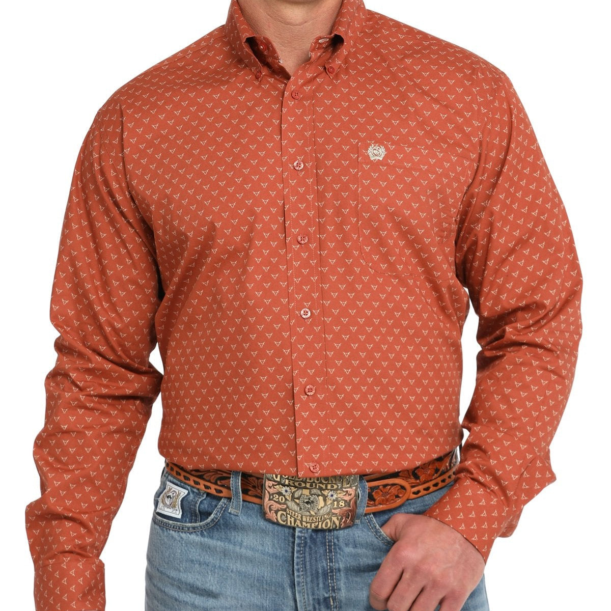 Cinch Men's L/S Classic Fit Steer Print Western Button Down Shirt in Orange