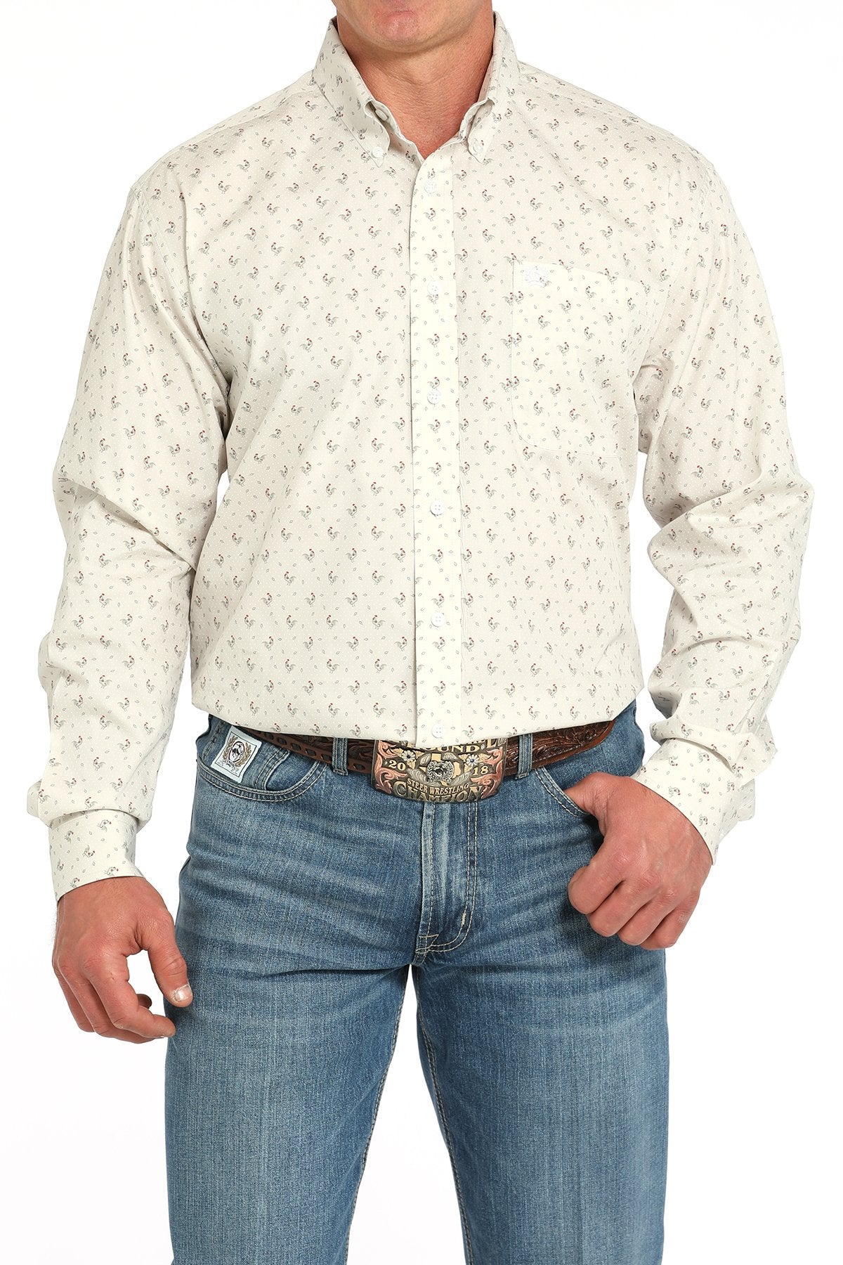 Cinch Men's L/S Classic Fit Rooster Print Western Button Down Shirt in Grey