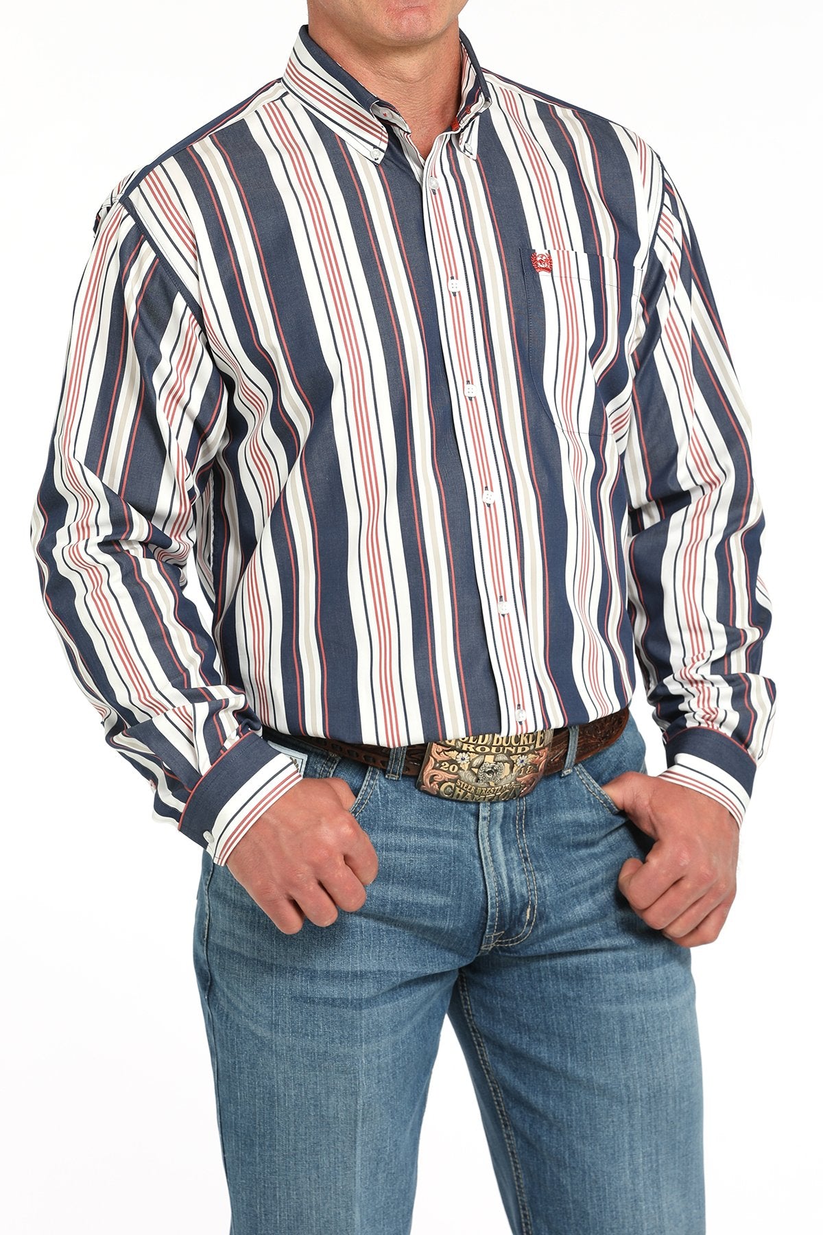 Cinch Men's L/S Classic Fit Striped Western Button Down Shirt in Navy