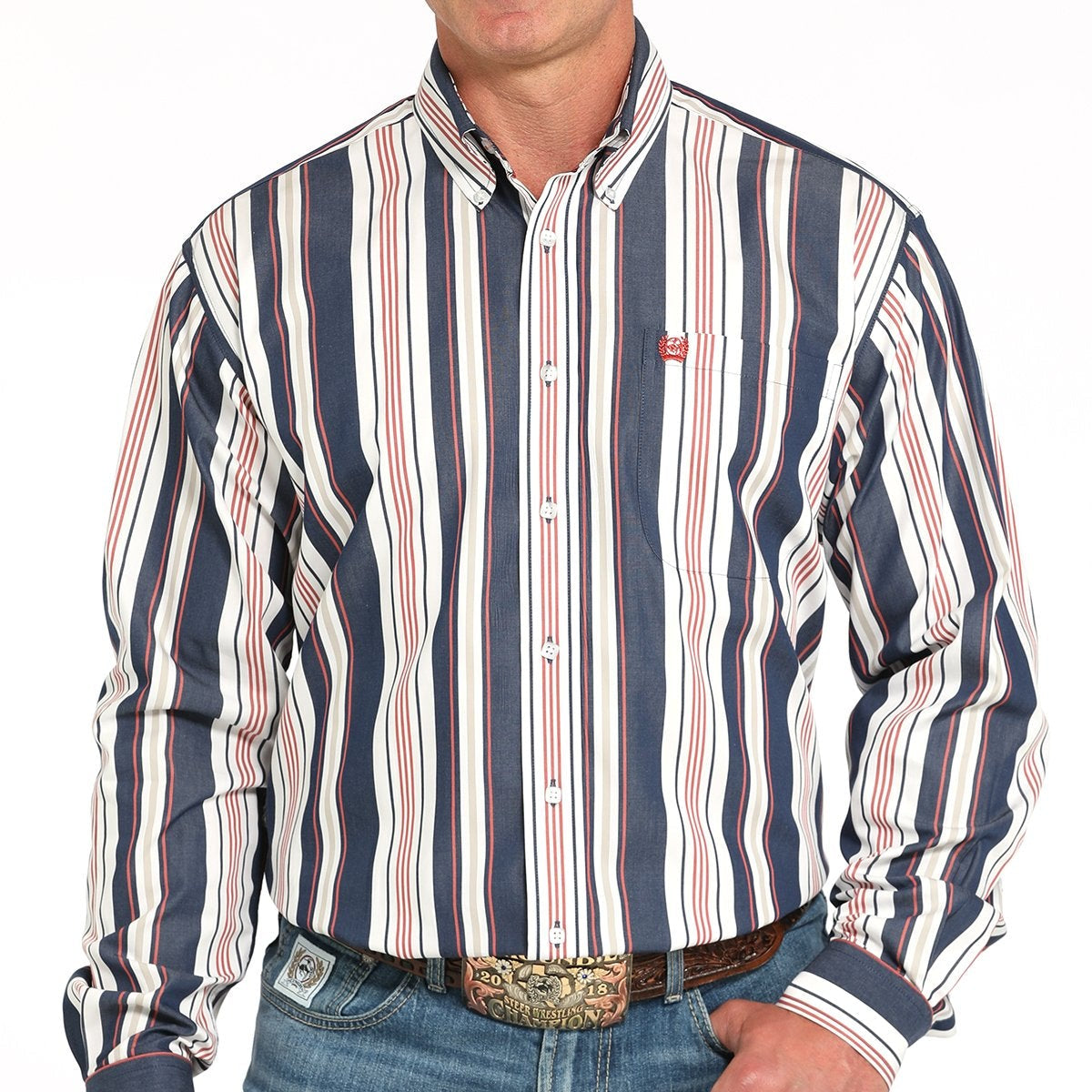 Cinch Men's L/S Classic Fit Striped Western Button Down Shirt in Navy