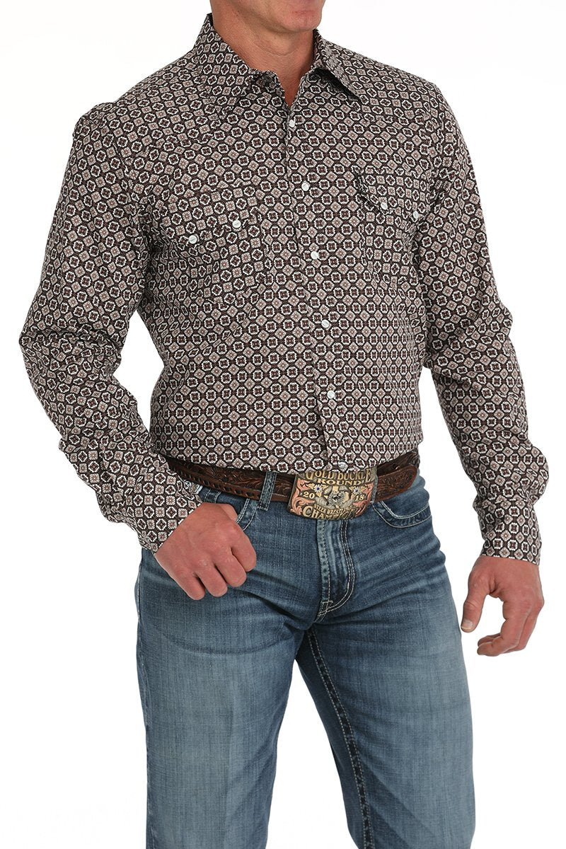 Cinch Men's L/S Modern Fit Medallion Western Snap Shirt in Brown & White